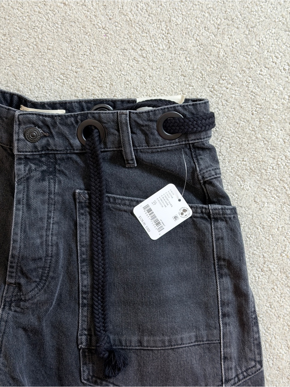 Free People Moxie Black Raw-Hem High-Rise Denim Shorts with Drawstring - Picture 2 of 3